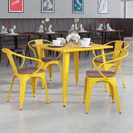 Flash Furniture Yellow Metal Chair with Wood Seat and Arms, PK4 4-CH-31270-YL-WD-GG